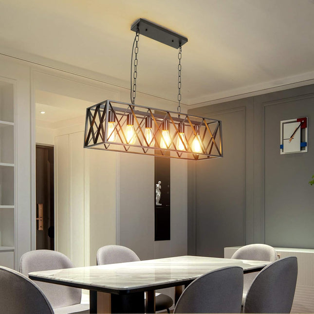 Farmhouse Kitchen Island Chandelier, Rectangular Vintage 6-Light Industrial Pendant Light, Rustic Hanging Pendant Light Fixtures for Dining Room Restaurant Bar Café
