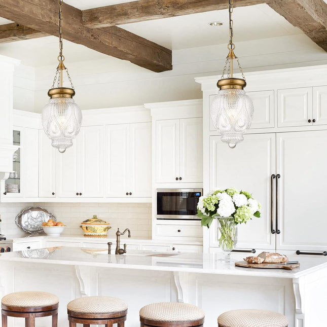 DSMJFU Brass Gold Glass Ceiling Pendant Light Kitchen Island Lighting Farmhouse Vintage Pendant Light Hanging Light Fixture for Dining Room, Entryway, Sink, Breakfast Nook