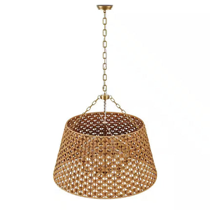 29.92 In. 6-Light Gold Woven Oversized Chandelier Boho Hand Rattan Rustic Farmhouse Ceiling Hanging Light