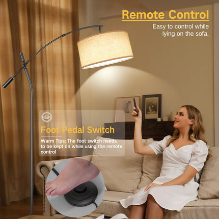 Modern Arc Floor Lamp with Remote, Adjustable Boom Arm Dimmable LED Standing Lamp, with Hanging Drum Shade Tall Reading Light for Living Room (Black+Beige Shade)