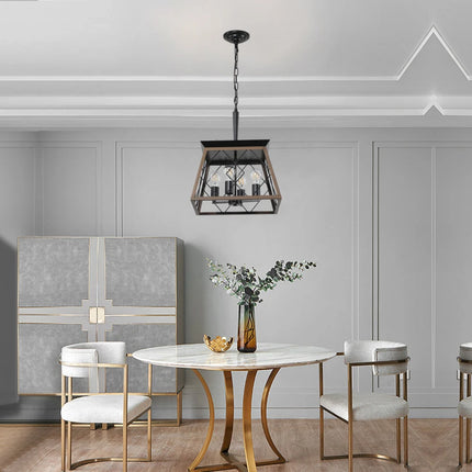 16" Walnut Industrial 4-Light Pendant Chandelier, Modern Metal Cage Design, Adjustable Hanging Light