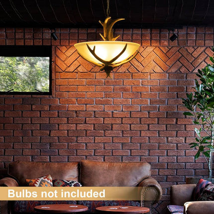 3-Light Brown Retro Resin Antler Pendant Light with Frosted Glass Bowl Shade