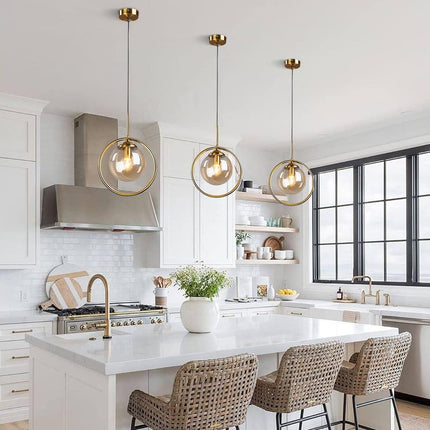 Modern 1-Light Globe Pendant Light Mid Century Amber Glass Ball Pendant Lighting Brushed Gold Single round Circle Hanging Lamp Kitchen Island Dining Room Pendant Light Fixture
