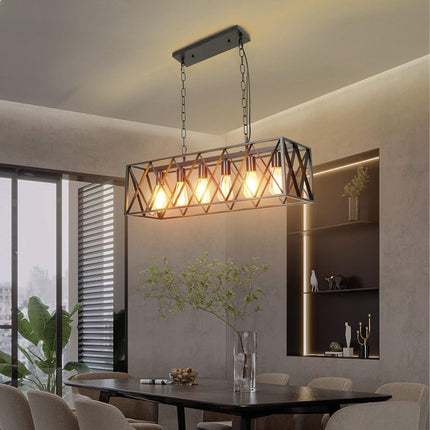 Farmhouse Kitchen Island Chandelier, Rectangular Vintage 6-Light Industrial Pendant Light, Rustic Hanging Pendant Light Fixtures for Dining Room Restaurant Bar Café