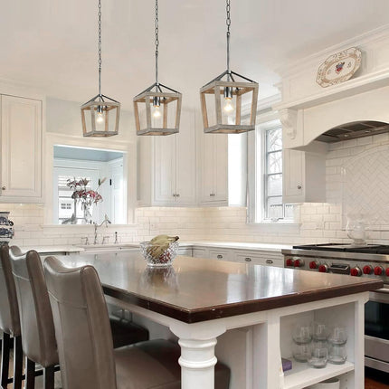 2024 Updated Farmhouse Pendant Lighting for Kitchen Island, 1-Light Wood & Black Metal Rustic Lantern Pendant Light Fixture Ceiling Hanging, Small Chandeliers for Dining Room Entryway Foyer Bedroom
