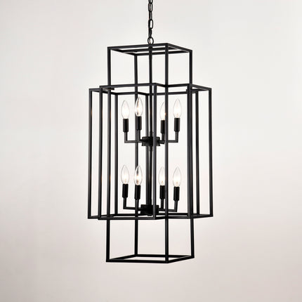8-Light Metal Lantern Tiered Pendant Hanging Light Fixtures, Industrial Farmhouse Adjustable Height Chandeliers For Dining Room Hallway Foyer Entryway--Matte Black E12 Bulbs Not Included