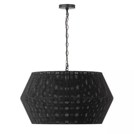 28.34 In. 6-Light Farmhouse Black Coastal Woven Chandelier with Rattan Basket Shade