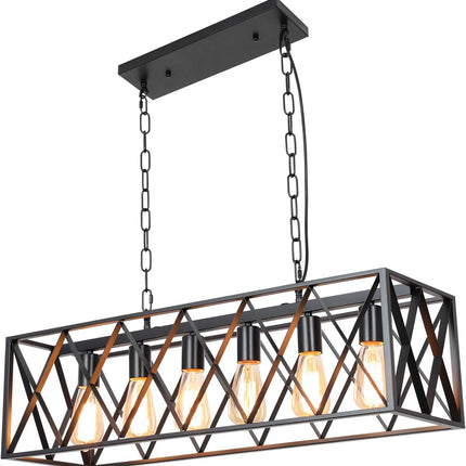 Farmhouse Kitchen Island Chandelier, Rectangular Vintage 6-Light Industrial Pendant Light, Rustic Hanging Pendant Light Fixtures for Dining Room Restaurant Bar Café