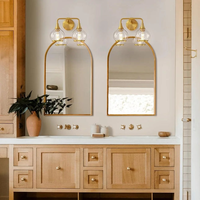 Gold Bathroom Light Fixture 2-Lights Vanity Lighting Clear Glass Shade Wall Sconce Mid-Century Modern Design Dimmable