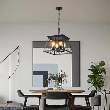 16" Walnut Industrial 4-Light Pendant Chandelier, Modern Metal Cage Design, Adjustable Hanging Light