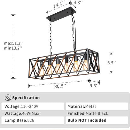 Farmhouse Kitchen Island Chandelier, Rectangular Vintage 6-Light Industrial Pendant Light, Rustic Hanging Pendant Light Fixtures for Dining Room Restaurant Bar Café