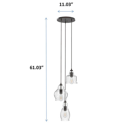 61" Architectural 3-Light Pendant Light, Black Finish Clear Glass Shades