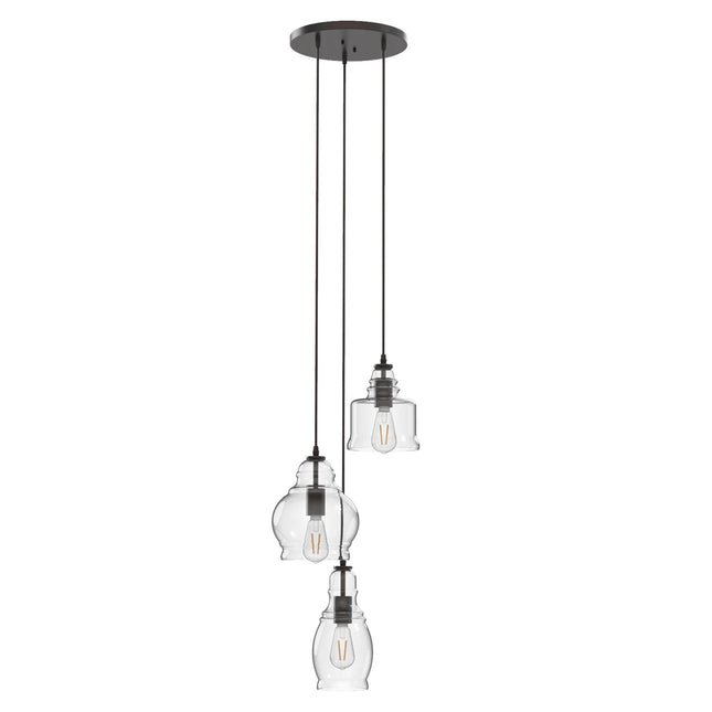 61" Architectural 3-Light Pendant Light, Black Finish Clear Glass Shades