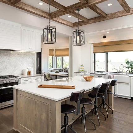 Black Rustic Wood Cage Pendant Light 1-Light Farmhouse Lantern Kitchen Island Pendant Lighting