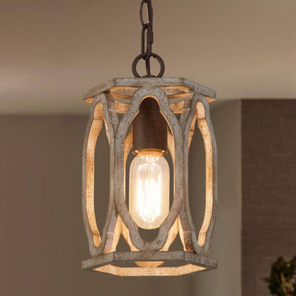 Farmhouse Wood Pendant 6 In. W 1-Light Brown Drum Cage Rustic Island Pendant Light for Kitchen, Living Room, Foyer