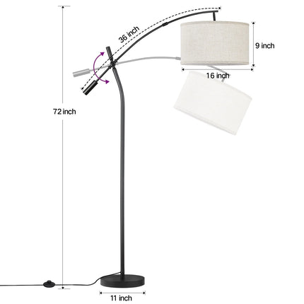Modern Arc Floor Lamp with Remote, Adjustable Boom Arm Dimmable LED Standing Lamp, with Hanging Drum Shade Tall Reading Light for Living Room (Black+Beige Shade)