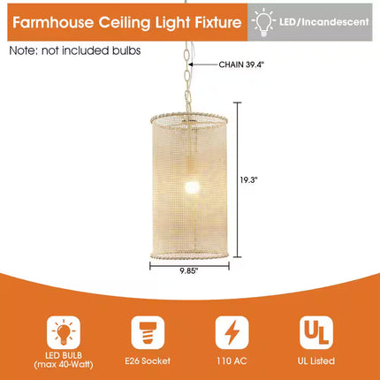 9.84 In. 1-Light Beige Cylindrical Mini Hanging Pendant Light with Woven Rope Shade