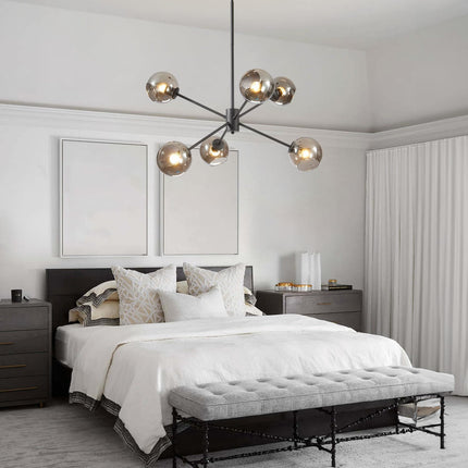 6 Lights Modern Glass Globe Sputnik Chandelier Mid Century Matte Black Sputnik Pendant Light Fixture Adjustable Vintage Large Smoke Gray Ball Chandelier Pendant Light for Kitchen Living Room