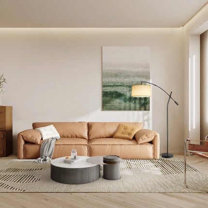 Modern Arc Floor Lamp with Remote, Adjustable Boom Arm Dimmable LED Standing Lamp, with Hanging Drum Shade Tall Reading Light for Living Room (Black+Beige Shade)