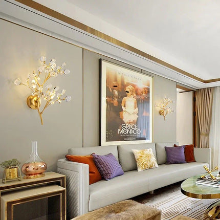 2025 Romantic Flowers Branches G4 Bulb Wall Lights Clear Crystal Living Room Bedroom Decoration Sconce Gold Metal Drop Shipping