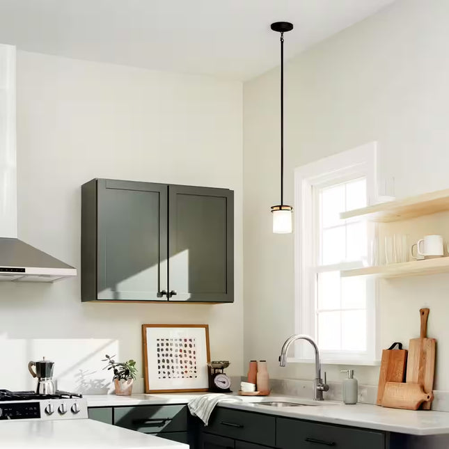 Hendrik 7.5 In. 1-Light Olde Bronze Contemporary Shaded Kitchen Mini Pendant Hanging Light with Umber Etched Glass