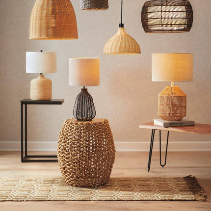 1-Light Black Pendant Light Fixture with Natural Woven Rattan Basket Shade