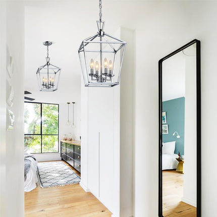 4-Light Chrome Pendant Light Modern Lantern Chandelier Light Fixture Adjustable Height Hanging Ceiling Light for Dinning Table Foyer Kitchen Island