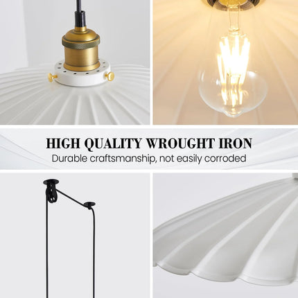 Hanging Lamp Plug in 13.8 Inch round Metal Shade Plug in Chandelier Vintage White Pendant Light for Kitchen Island Dome Industrial Hanging Light Living Room with Light Bulb