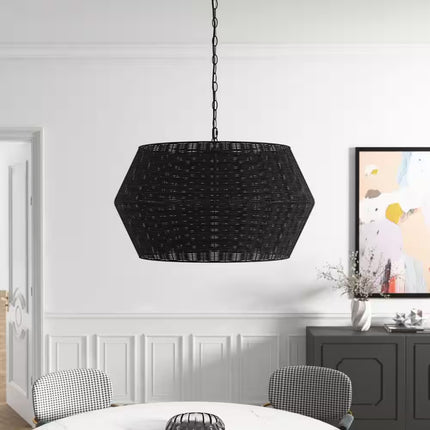 28.34 In. 6-Light Farmhouse Black Coastal Woven Chandelier with Rattan Basket Shade