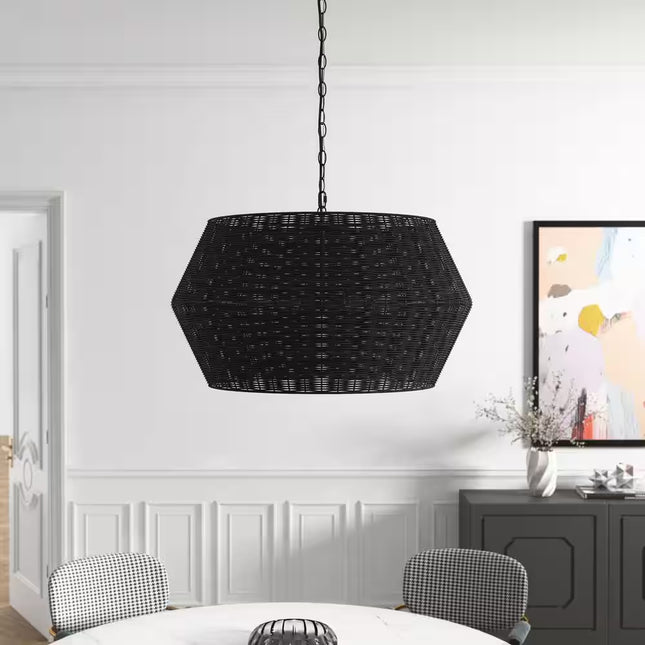 28.34 In. 6-Light Farmhouse Black Coastal Woven Chandelier with Rattan Basket Shade