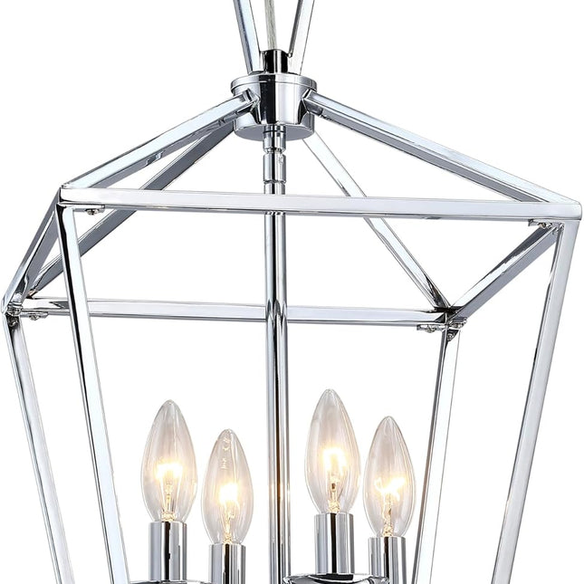 4-Light Chrome Pendant Light Modern Lantern Chandelier Light Fixture Adjustable Height Hanging Ceiling Light for Dinning Table Foyer Kitchen Island