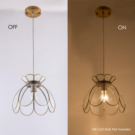 12" Vintage Brass Pendant Light Fixture, Flower Hanging Lamp for Kitchen Island, Glass Lotus Flower Ceiling Pendant Lighting for Entryway, Dining Room, Bedroom, Living Room, Clear, Large