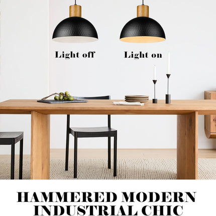 12" Hammered Metal Pendant Light, Rubber Wood Dome Hanging Lamp, Modern Pendant Light Fixtures for Kitchen Island, Bar, Farmhouse Dining Room, Bedroom, Hallway - Black