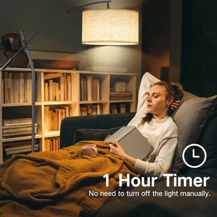 Modern Arc Floor Lamp with Remote, Adjustable Boom Arm Dimmable LED Standing Lamp, with Hanging Drum Shade Tall Reading Light for Living Room (Black+Beige Shade)