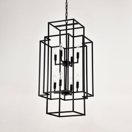 8-Light Metal Lantern Tiered Pendant Hanging Light Fixtures, Industrial Farmhouse Adjustable Height Chandeliers For Dining Room Hallway Foyer Entryway--Matte Black E12 Bulbs Not Included
