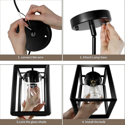 Farmhouse Pendant Light, 1 Light Black Cage Hanging Pendant Lighting Fixtures with Clear Glass Shade Modern Chandelier Ceiling Hanging for Kitchen Island,Dining Rooms,Hallway,Entryway