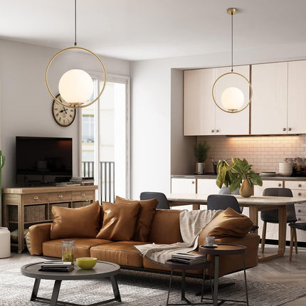 Modern Gold 1-Lights Globe Pendant Light Minimalist Single round Pendant Lighting Mid Century White Glass Ball Hanging Lamp Brushed Brass Kitchen Bathroom Pendant Light