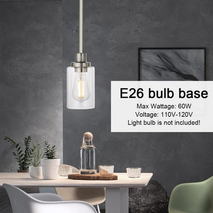 Mini Pendant Lights Brushed Nickel 1-Light with Clear Glass Shade, Contemporary Modern Light Fixtures Ceiling Hanging for Dining Room Kitchen Island Sink
