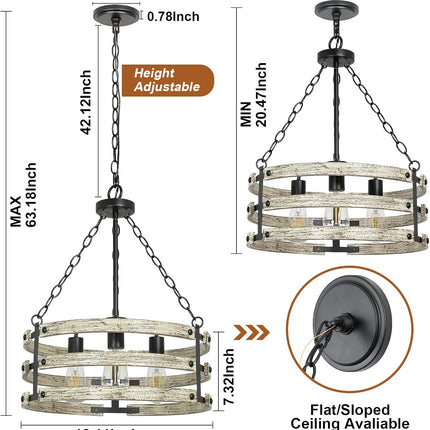 DLLT 3-Light Farmhouse Chandelier Light Fixtures, Rustic Drum Hanging Pendant Lighting, Semi Flush Mount Ceiling Light for Dining Room Kitchen Entryway Foyer Hallway, Black Metal Finish, E26 Base