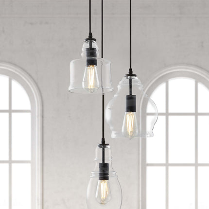 61" Architectural 3-Light Pendant Light, Black Finish Clear Glass Shades