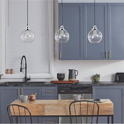 Primo Large Chrome Glass Globe Pendant Light Fixture Farmhouse Pendant Lighting for Kitchen Island Mid Century Modern Ceiling Light Clear Glass Shade, UL Listed