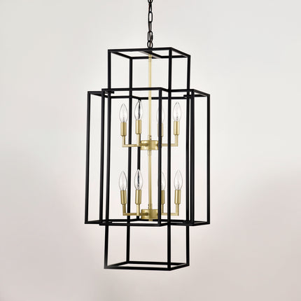 8-Light Metal Lantern Tiered Pendant Hanging Light Fixtures, Industrial Farmhouse Adjustable Height Chandeliers For Dining Room Hallway Foyer Entryway--Matte Black & Gold E12 Bulbs Not Included