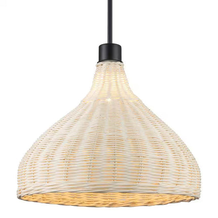1-Light Black Pendant Light Fixture with Natural Woven Rattan Basket Shade
